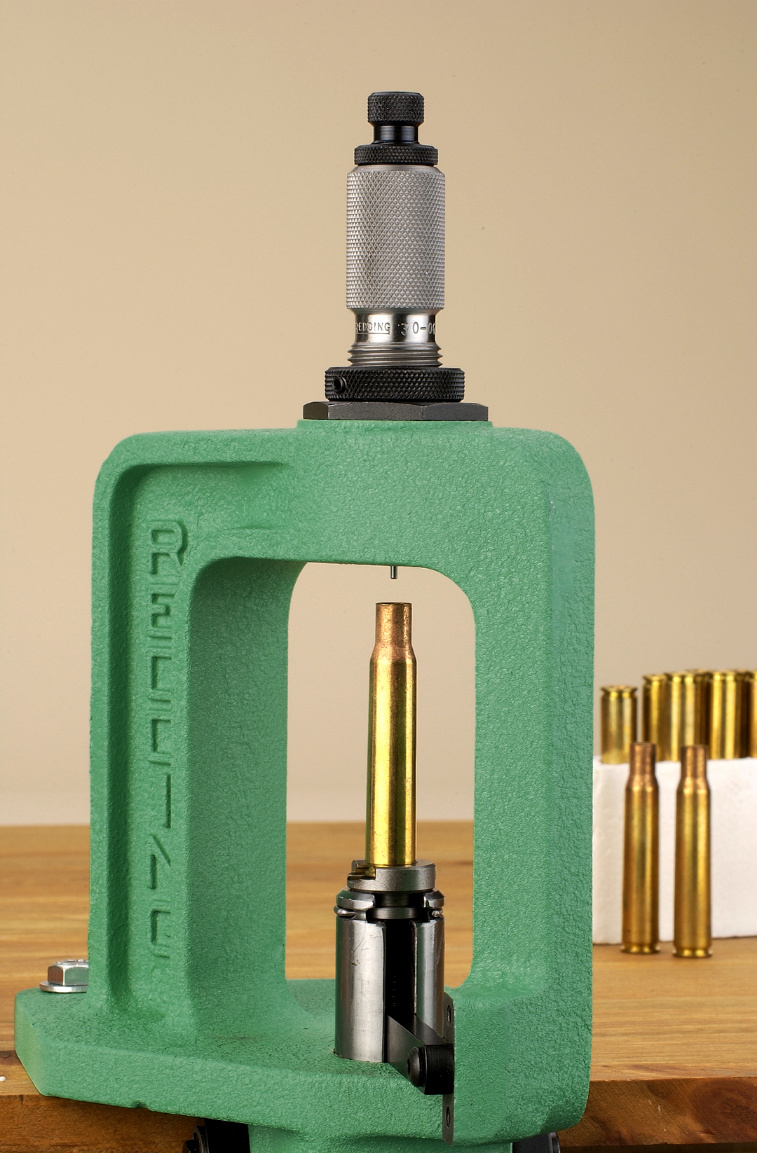 With its long cylindrical shape, the .30-06 case is a natural for easy sizing and loading. The Redding press shown here allows plenty of room to monitor the process as well as allowing space to insert the bullet and crimp.